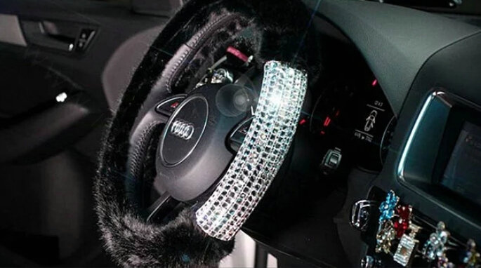 Exquisite Rhinestone Car Steering Wheel Wrap Velvet 15 Inch 38CM - White