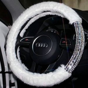 Exquisite Rhinestone Car Steering Wheel Wrap Velvet 15 Inch 38CM - White
