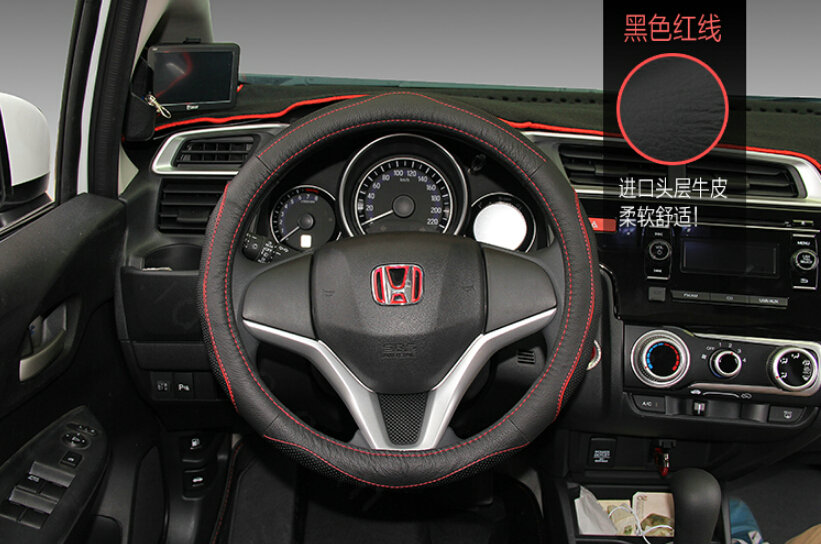 Fashion Car Steering Wheel Covers Genuine Leather 15 Inch 38CM - Black Red