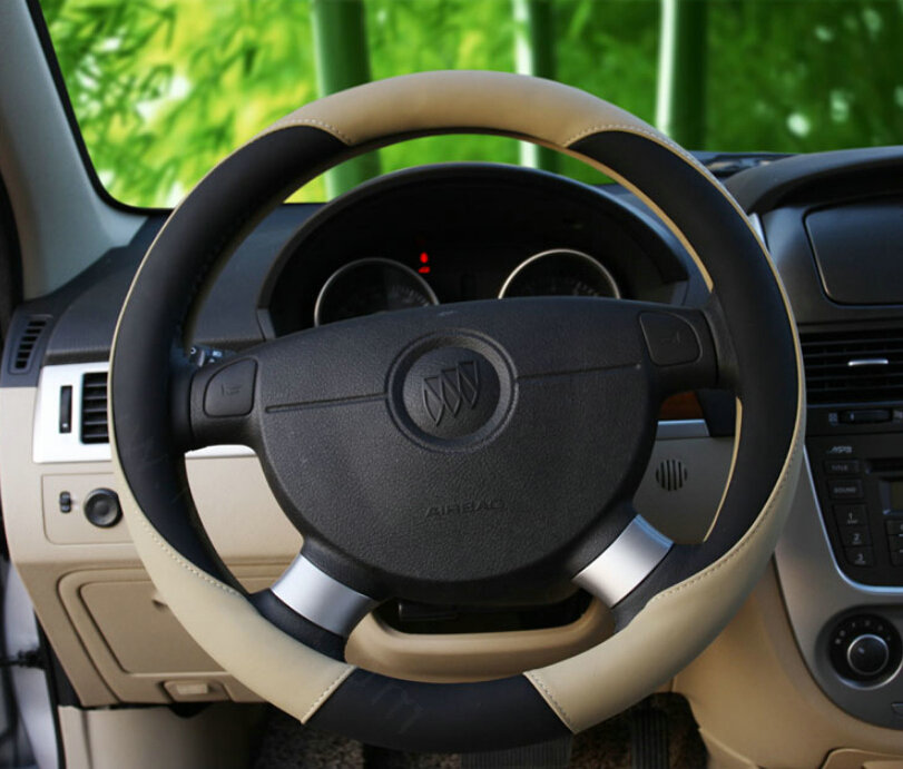 Fashion Car Steering Wheel Covers Sheepskin Leather 15 Inch 38CM - Beige
