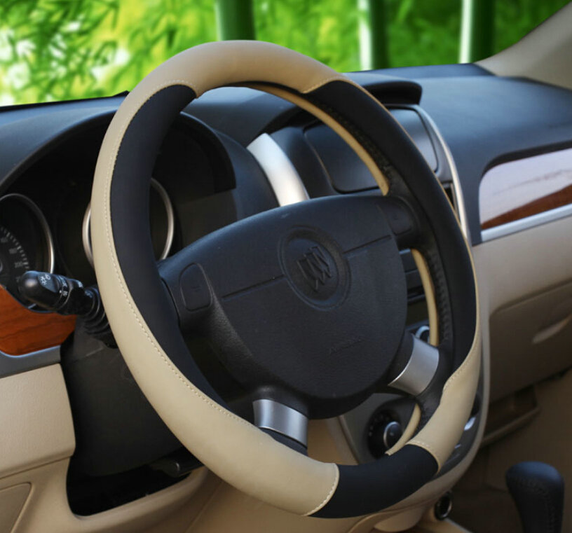 Fashion Car Steering Wheel Covers Sheepskin Leather 15 Inch 38CM - Beige