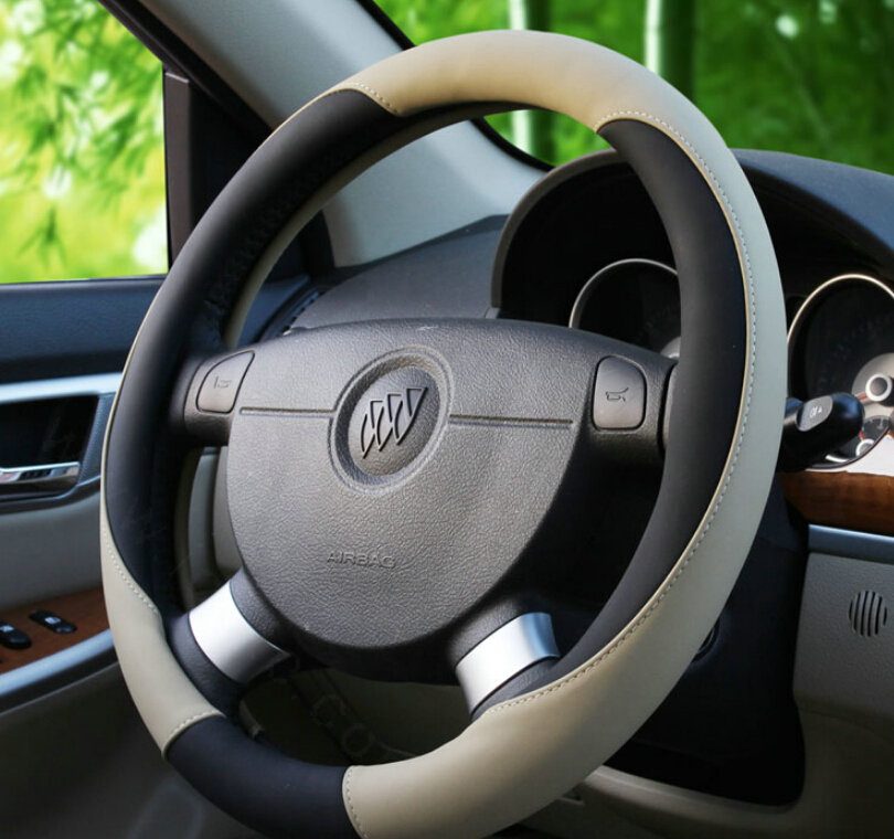 Fashion Car Steering Wheel Covers Sheepskin Leather 15 Inch 38CM - Beige