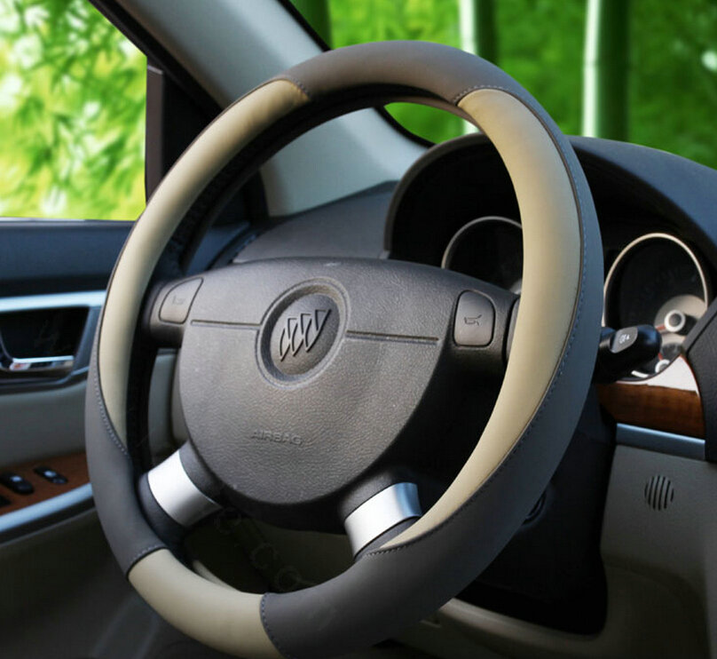 Fashion Car Steering Wheel Covers Sheepskin Leather 15 Inch 38CM - Grey