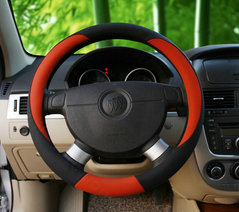 Fashion Car Steering Wheel Covers Sheepskin Leather 15 Inch 38CM - Red