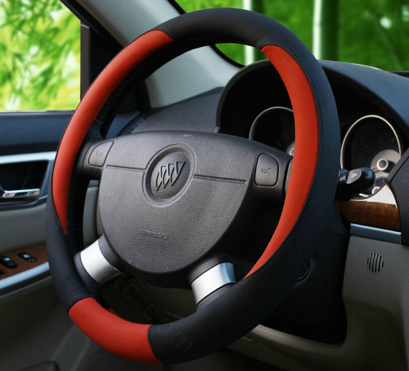 Fashion Car Steering Wheel Covers Sheepskin Leather 15 Inch 38CM - Red