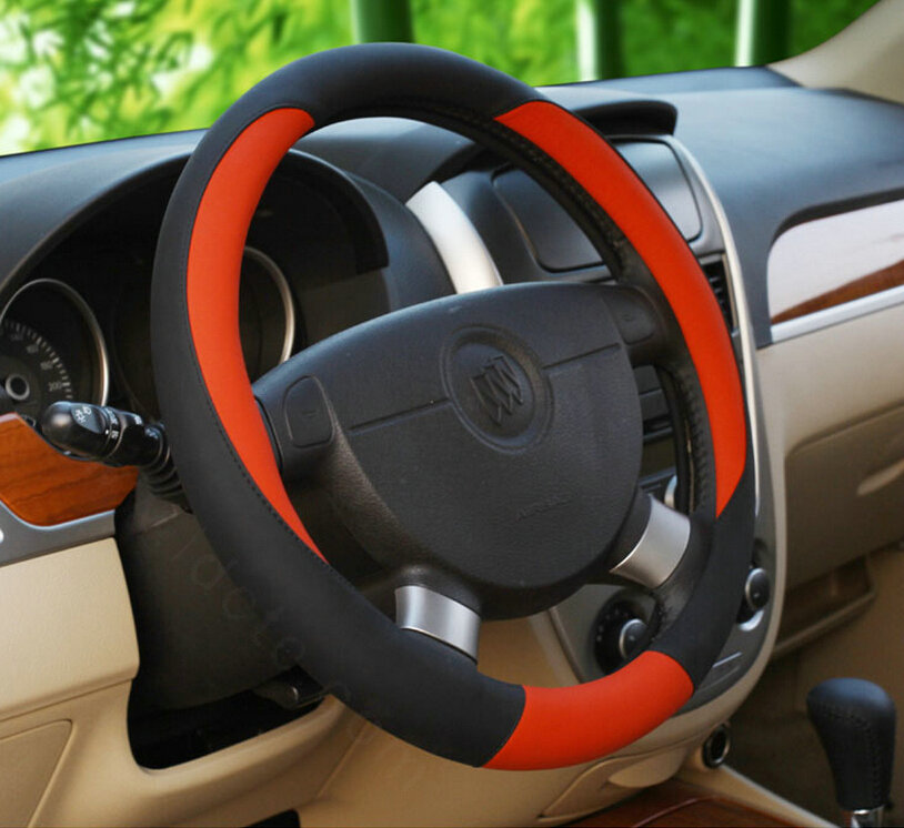 Fashion Car Steering Wheel Covers Sheepskin Leather 15 Inch 38CM - Red