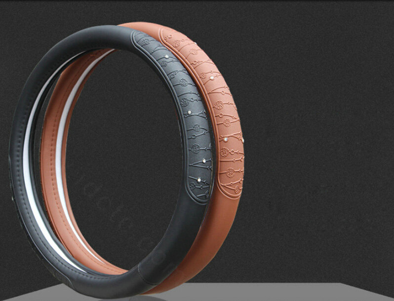 Fashion Diamond Car Steering Wheel Covers PU Leather 15 Inch 38CM - Brown