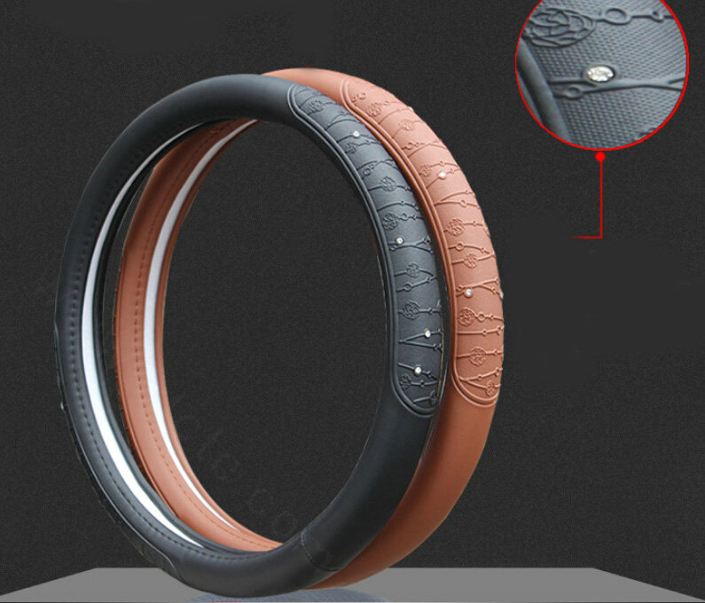 Fashion Diamond Car Steering Wheel Covers PU Leather 15 Inch 38CM - Grey