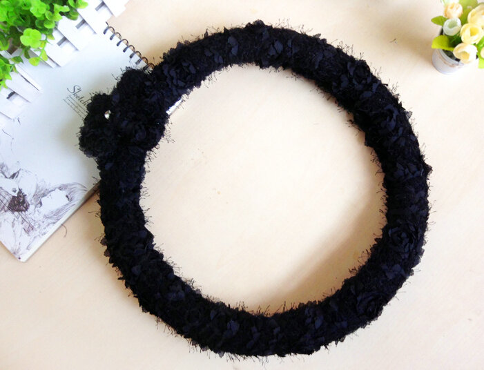 Floral Bowknot Car Steering Wheel Cover Bud Silk Fiber Cloth 15 Inch 38CM - Black