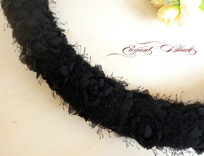 Floral Bowknot Car Steering Wheel Cover Bud Silk Fiber Cloth 15 Inch 38CM - Black