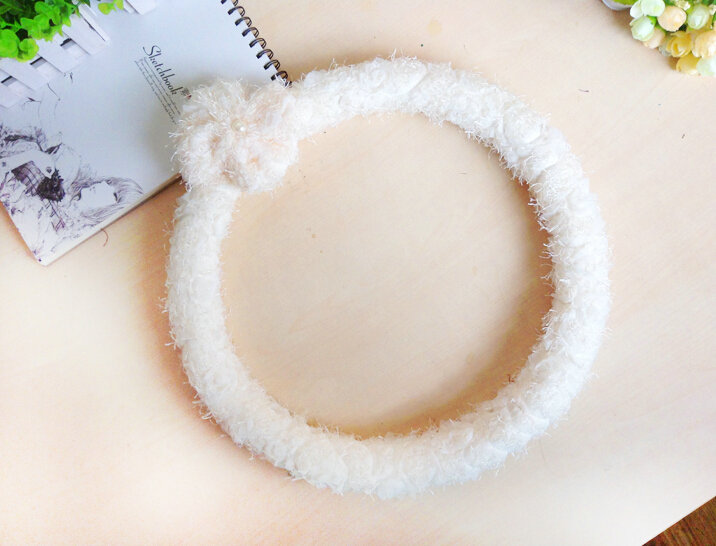 Floral Bowknot Car Steering Wheel Cover Bud Silk Fiber Cloth 15 Inch 38CM - White