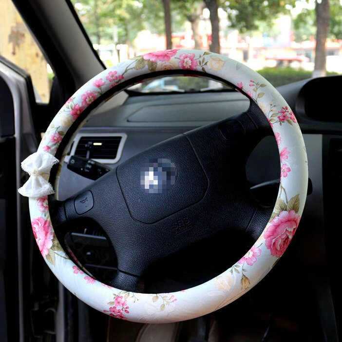 Floral Bud Silk Bowknot Car Steering Wheel Cover PU Leather 15 Inch 38CM - Green