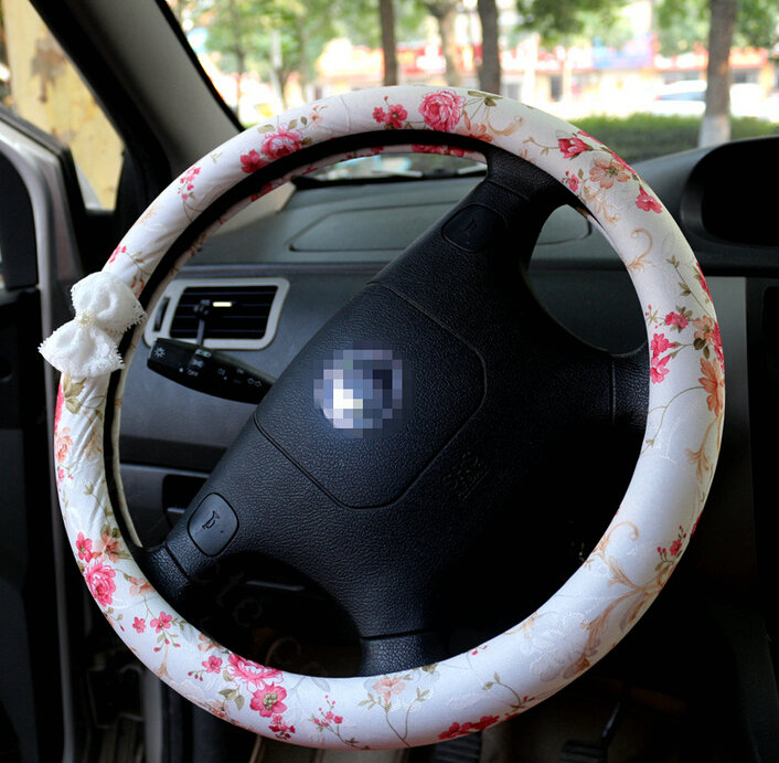 Floral Bud Silk Bowknot Car Steering Wheel Cover PU Leather 15 Inch 38CM - Red