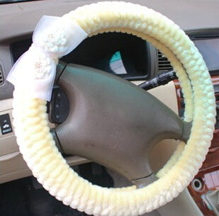 Floral Bud Silk Bowknot Car Steering Wheel Cover Velvet 15 Inch 38CM - Beige