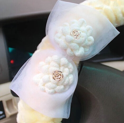 Floral Bud Silk Bowknot Car Steering Wheel Cover Velvet 15 Inch 38CM - Beige