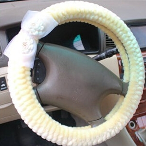 Floral Bud Silk Bowknot Car Steering Wheel Cover Velvet 15 Inch 38CM - Beige
