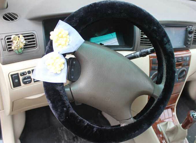 Floral Bud Silk Bowknot Car Steering Wheel Cover Velvet 15 Inch 38CM - Black
