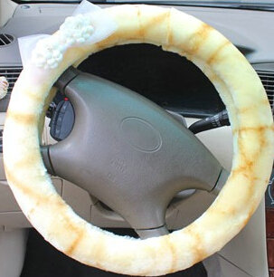 Floral Bud Silk Bowknot Car Steering Wheel Cover Velvet 15 Inch 38CM - Yellow