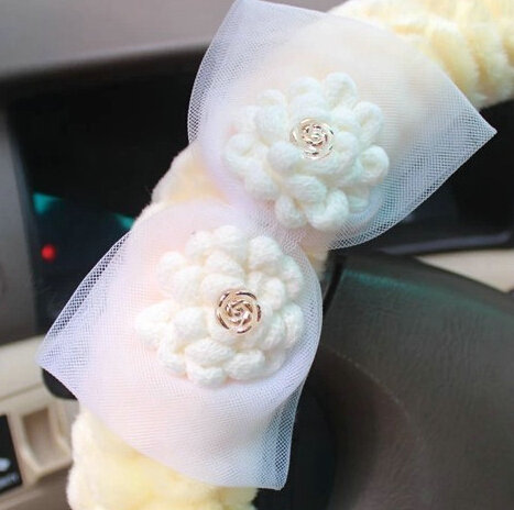 Floral Bud Silk Bowknot Car Steering Wheel Cover Velvet 15 Inch 38CM - Yellow