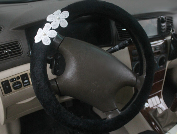 Floral Bud Silk Bowknot Car Steering Wheel Covers Velvet 15 Inch 38CM - Black