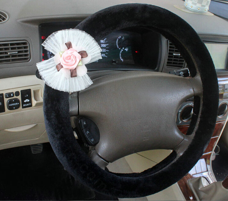 Floral Bud Silk Bowknot Steering Wheel Covers Velvet 15 Inch 38CM - Black