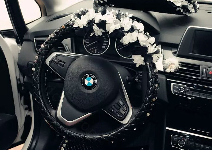 Floral Car Steering Wheel Cover Bud Silk Genuine Leather 15 Inch 38CM - Black