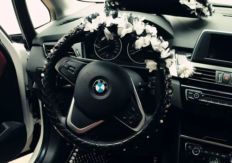 Floral Car Steering Wheel Cover Bud Silk Genuine Leather 15 Inch 38CM - Black