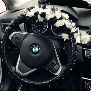 Floral Car Steering Wheel Cover Bud Silk Genuine Leather 15 Inch 38CM - Black