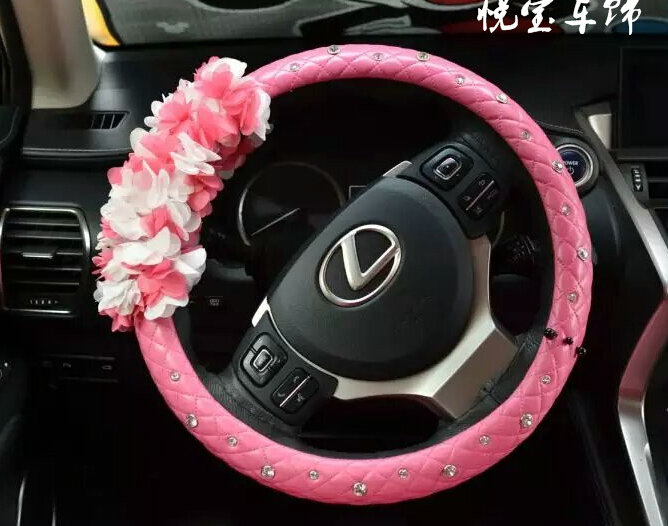 Floral Car Steering Wheel Cover Bud Silk Genuine Leather 15 Inch 38CM - Pink