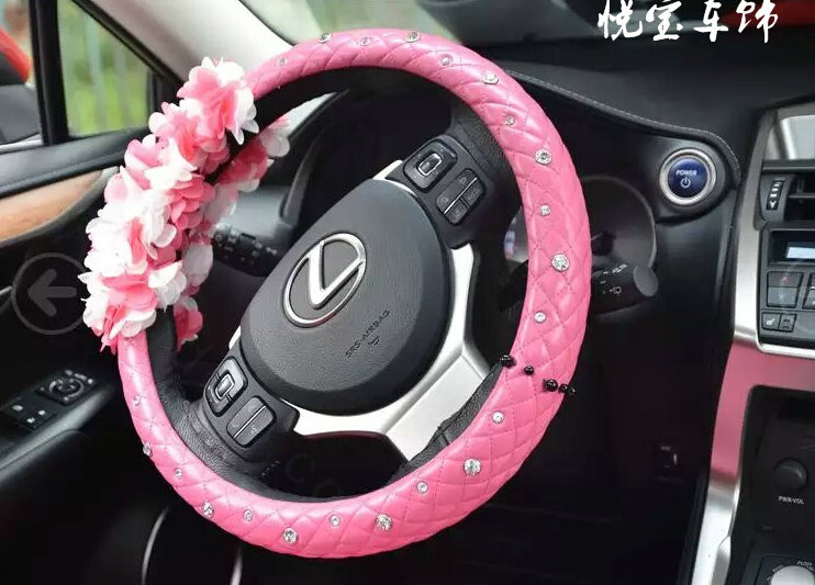 Floral Car Steering Wheel Cover Bud Silk Genuine Leather 15 Inch 38CM - Pink