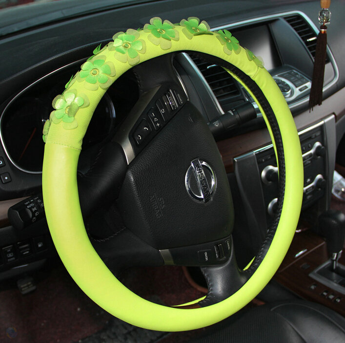 Floral Car Steering Wheel Cover Bud Silk PU Leather 15 Inch 38CM - Green