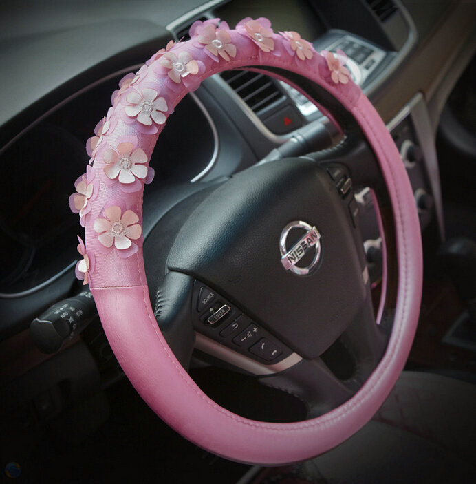 Floral Car Steering Wheel Cover Bud Silk PU Leather 15 Inch 38CM - Pink