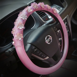 Floral Car Steering Wheel Cover Bud Silk PU Leather 15 Inch 38CM - Pink