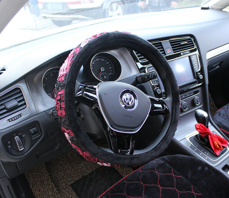 Floral Car Steering Wheel Cover Bud Silk Velvet 15 Inch 38CM - Black