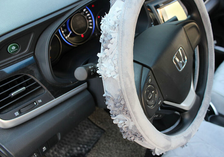 Floral Car Steering Wheel Cover Bud Silk Velvet 15 Inch 38CM - Grey