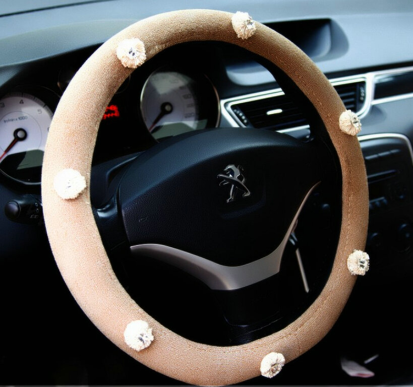 Floral Diamond Car Steering Wheel Wrap Cotton 15 Inch 38CM - Beige