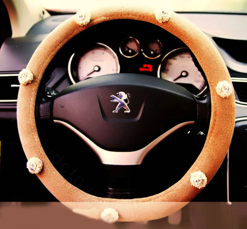 Floral Diamond Car Steering Wheel Wrap Cotton 15 Inch 38CM - Beige