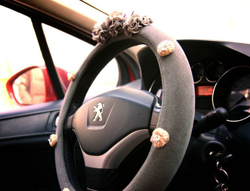 Floral Diamond Car Steering Wheel Wrap Cotton 15 Inch 38CM - Grey