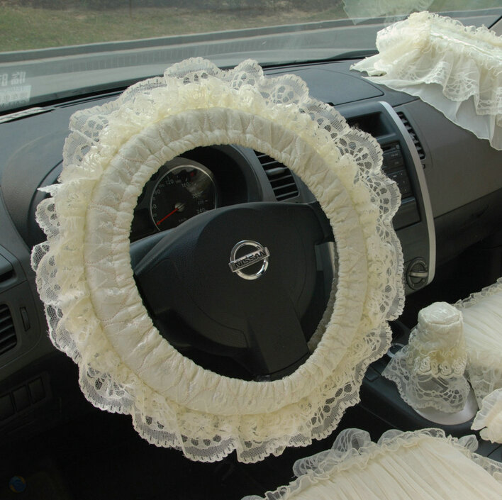 Floral Lace Car Steering Wheel Cover Bud Silk Fiber Cloth 15 Inch 38CM - Beige