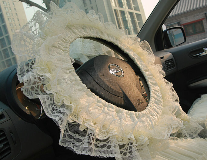 Floral Lace Car Steering Wheel Cover Bud Silk Fiber Cloth 15 Inch 38CM - Beige