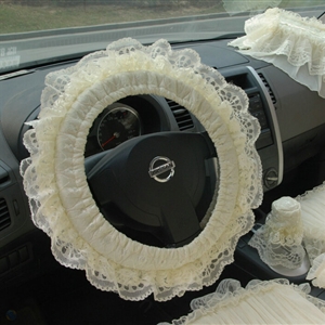 Floral Lace Car Steering Wheel Cover Bud Silk Fiber Cloth 15 Inch 38CM - Beige