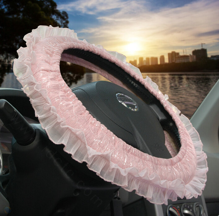 Floral Lace Car Steering Wheel Cover Bud Silk Fiber Cloth 15 Inch 38CM - Pink