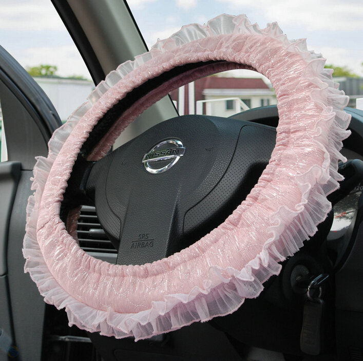 Floral Lace Car Steering Wheel Cover Bud Silk Fiber Cloth 15 Inch 38CM - Pink