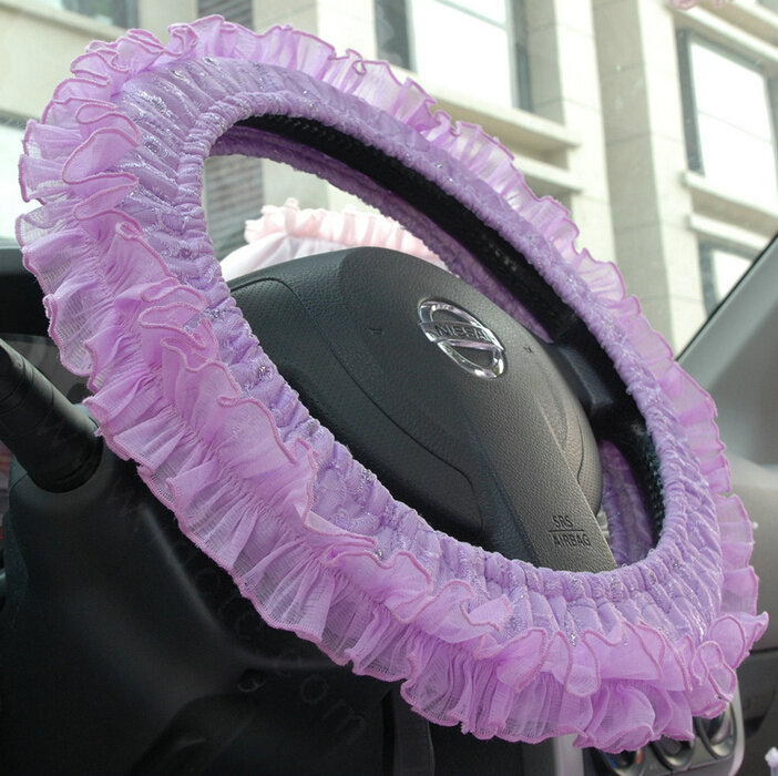 Floral Lace Car Steering Wheel Cover Bud Silk Fiber Cloth 15 Inch 38CM - Purple