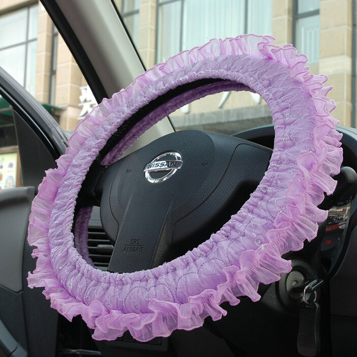 Floral Lace Car Steering Wheel Cover Bud Silk Fiber Cloth 15 Inch 38CM - Purple