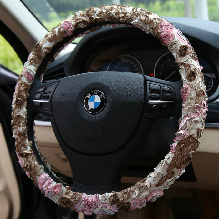 Flower Car Steering Wheel Cover Bud Silk Fiber Cloth 15 Inch 38CM - Beige