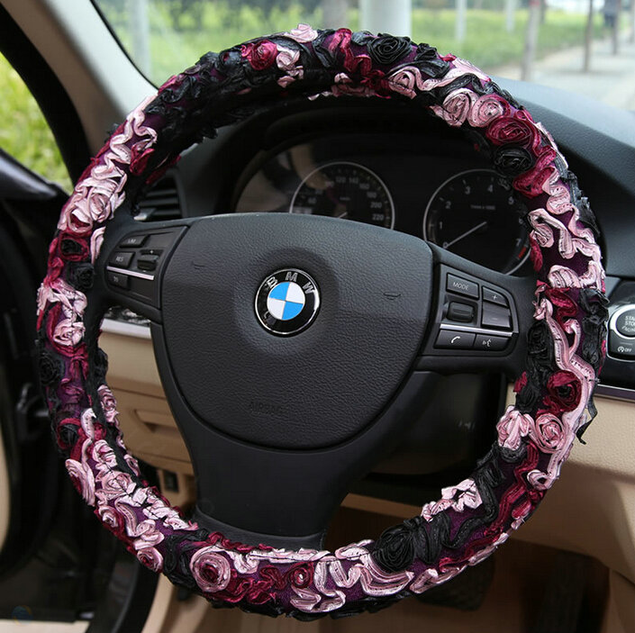 Flower Car Steering Wheel Cover Bud Silk Fiber Cloth 15 Inch 38CM - Purple
