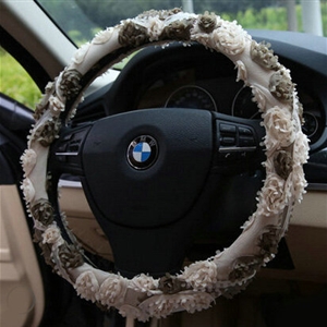 Flower Car Steering Wheel Cover Rose Bud Silk Fiber Cloth 15 Inch 38CM - Beige