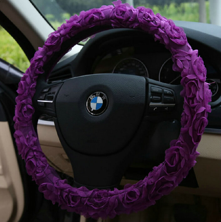 Flower Car Steering Wheel Cover Rose Bud Silk Fiber Cloth 15 Inch 38CM - Purple