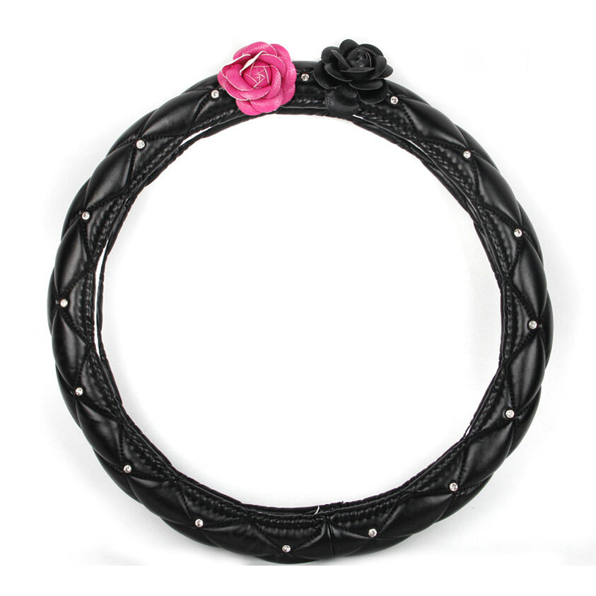 Flower Diamond Car Steering Wheel Covers PU Leather 15 Inch 38CM - Black